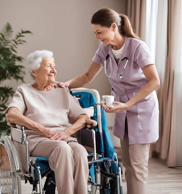 A caring nurse bringing tea to an older patient in a wheelchair